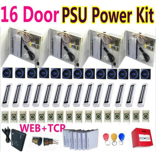 16 Doors Access Controller system with 16 pcs RFID Card Reader+Door Magnetic lock Web TCP+PC Software door security full kits
