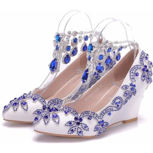 Crystal Queen New Fashion Blue Rhinestone Wedges Pumps Shoes Blue Water Drill Tassel Chain Wedding heels High Heels Party Shoes