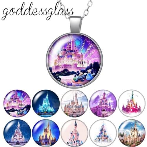 Magical Disney castle building Round Glass glass cabochon silver plated/Crystal pendant necklace jewelry for Gift