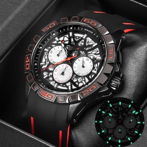 WWOOR 2021 New Creative Design Watch For Men Fashion Hollow Quartz Waterproof Sports Chronograph Wrist Watches Relogio Masculino