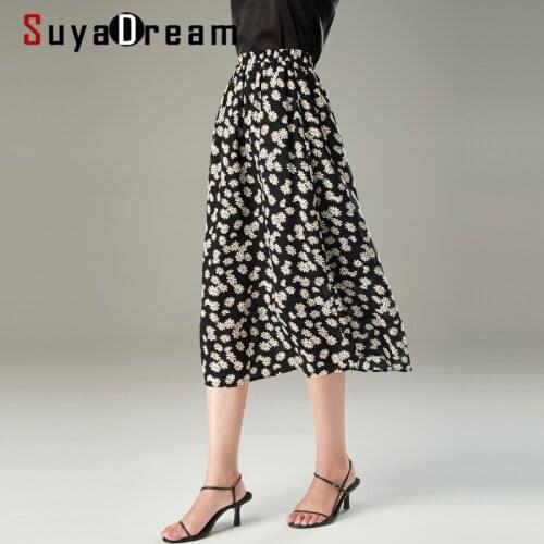 SuyaDream Women Long Skirt 100%Real Silk Crepe Elastic Waist Floral Skirts 2020 Summer Fall A-line Long BOHO Skirts falda
