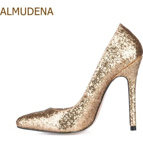 ALMUDENA Women Eye-sighted Sparkling Gold Paillette Thin High Heel Shoes Bling Bling Wedding Pumps Shining Banquet Shoe Dropship