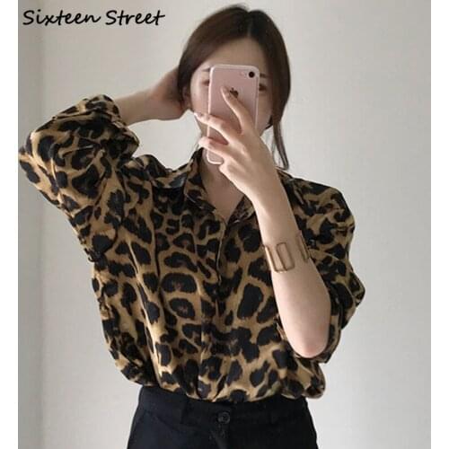 Ladies Tops Autumn Korean Fashion Chic Retro Leopard Lapel Single Breasted Loose Casual Dropshipping Long Sleeve Shirt Women