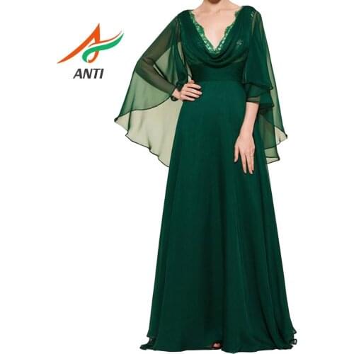 ANTI Dark Green Sexy V-neck Formal Party Gowns Long Evening Dress With Long Sleeve Women 2019 Summer Chiffon robe de soiree