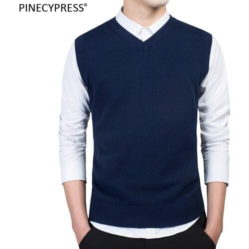 100% Cotton Anti-static Anti-pilling Soft Knitted Man Vest Blue Knitwear Pullover V-Neck Casual Formal Men Sleeveless Sweater