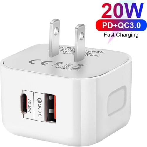 2port 20W USB C Power Adapter PD 20W/18W Quick Charge QC3.0 Wall Charger EU/UK/US Plug for iPhone 12 11 Samsung Huawei Xiaomi