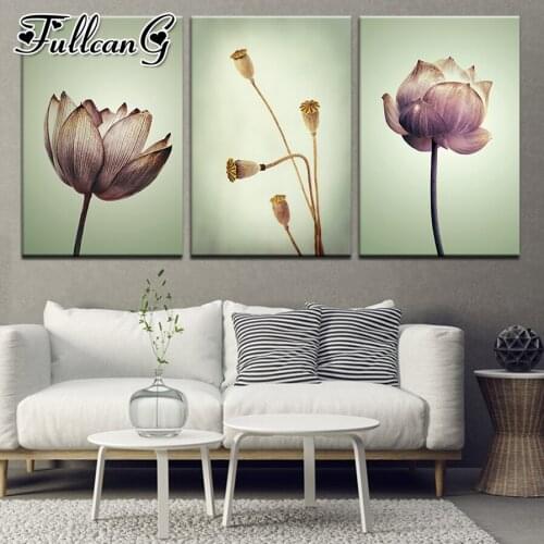 FULLCANG 5d diy diamond embroidery sale lotus flower diamond painting triptych full square round drill home decoration FC2525