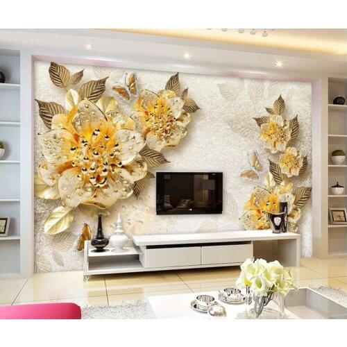 CJSIR Custom Photo Wallpaper 3D Fresco, Gold High-grade Diamond Flower Jewelry Background Wall Papel De Parede Wall Paper