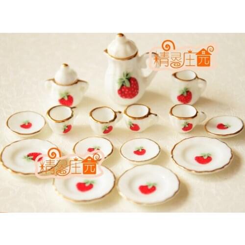 G05-X4326 children baby gift Toy 1:12 Dollhouse mini Furniture Miniature rement ceramics tea set 15pcs/set Strawberry