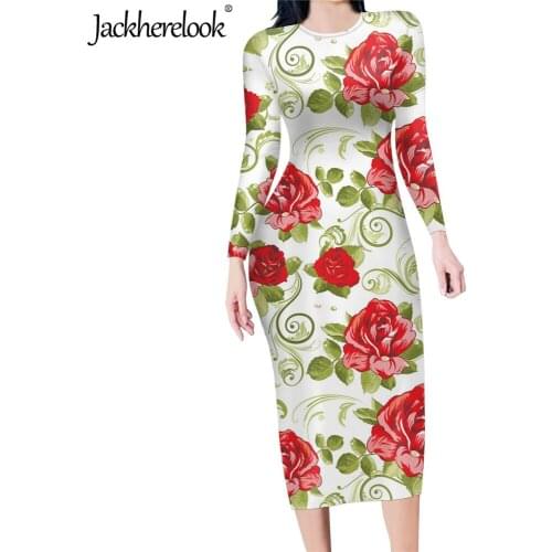 Jackherelook Women Vintage Rose Floral Print Spring Autumn Bodycon Dress Casual Long Sleeve Slim Pencil Dresses Vestido de Mujer