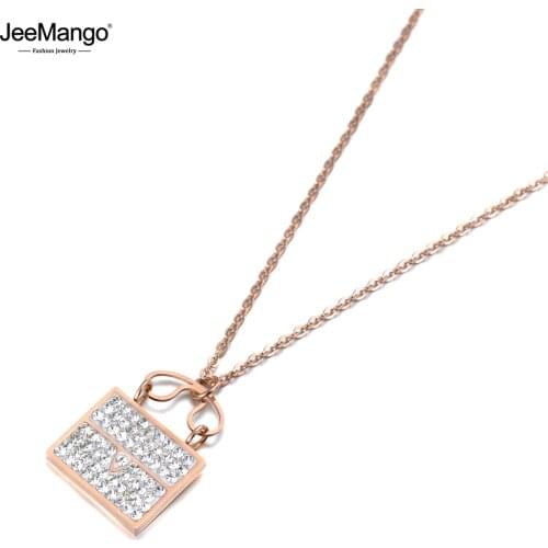 JeeMango Trendy Crystal Shopping Bag Charm Pendant Necklaces For Women Titanium Stainless Steel Choker Necklace Jewelry JN19141