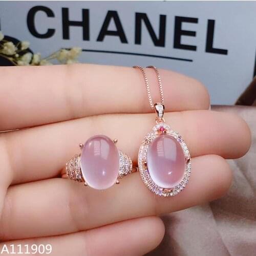 KJJEAXCMY boutique jewelry 925 sterling silver inlaid Natural Pink crystal Ross quartz pendant ring suit support detection fine