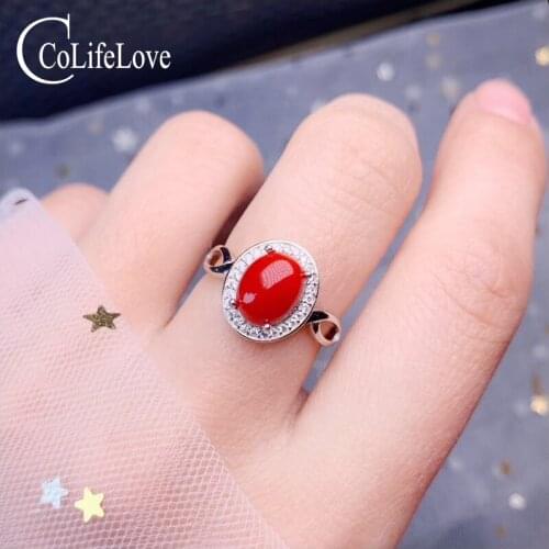 CoLife Jewerlry Classic Red Coral Silver Ring 7mm*9mm 100% Natural Red Coral Ring 925 Silver Coral Jewelry Gift for Woman