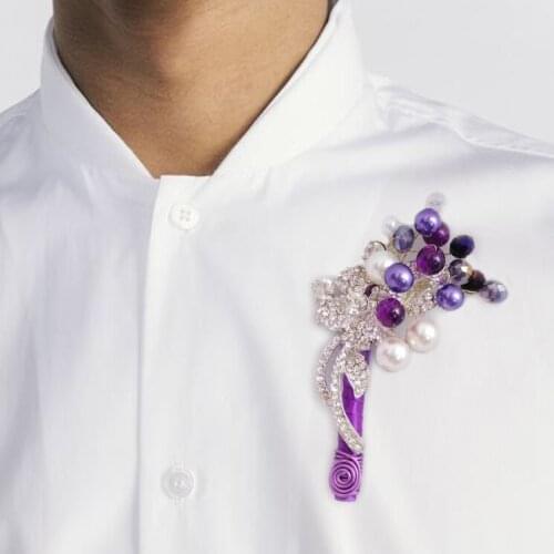 DIY Private custom made senior Rhinestone groom corsages Crystal pearl brooch boutonniere Silver purple Men best man corsage
