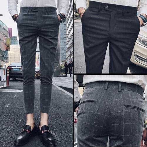 2020 Mens Plaid Pants Slim Fit Suit Pants Mens Ankle Length Pants Men Leisure Suits Male Casual Trousers Grey Dress Pants Black