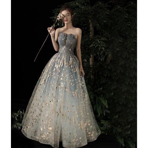 2020 New Banquet Fashion Elegant Evening Dress Strapless Luxury A-line Prom Dress Sexy Backless Golden Applique Party Dresses