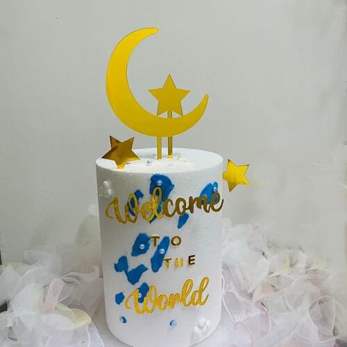 New Acrylic Birthday Cake Toppers Gold Welcome To The World Stars Moon Cake Toppers for Kids Birthday Party Cupcake Decoration