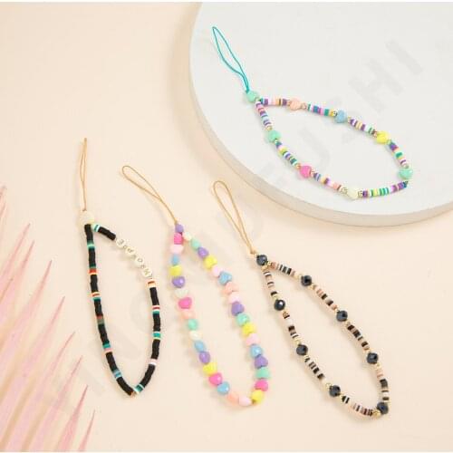 New Colorful Mobile Phone Chain Acrylic Bead Love Cellphone Strap Anti-lost Lanyard For Women Summer Jewelry Key Chain Gifts