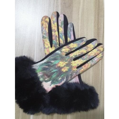 Autumn Daisy Print Suede Leather Gloves Women Winter Warm Thermal Fur Cycling Mittens Femme Velvet Fleece Party Guantes De Mujer