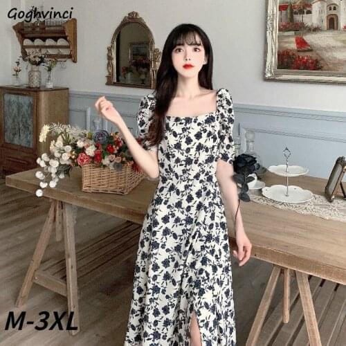 Dresses Women Vintage A-Line Puff Sleeve Print Square Collar Side-slit Holiday Party Evening Club Summer Sexy Female Clothing