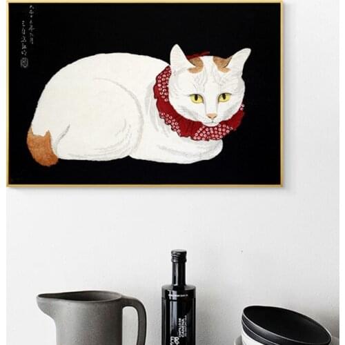 Modern Cartoon Posters Prints Cute White Cat Black Backdrop Canvas Painting Wall Picture Living Room Kids Bedroom Home Decor