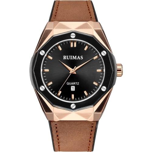 Ruimas MenS Fashion Sport Stainless Steel Case Leather Band Quartz Analog Wrist Watch Top Brand Luxury Wristwatches