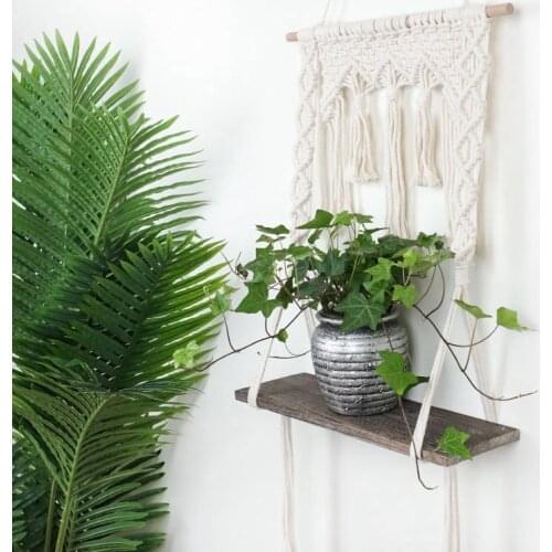 MLGB Hand-Woven Macrame Tapestries Rack Bohemian Decorative Shelves Wall Hanging Shelves Ornament Wooden Shelves for Wall