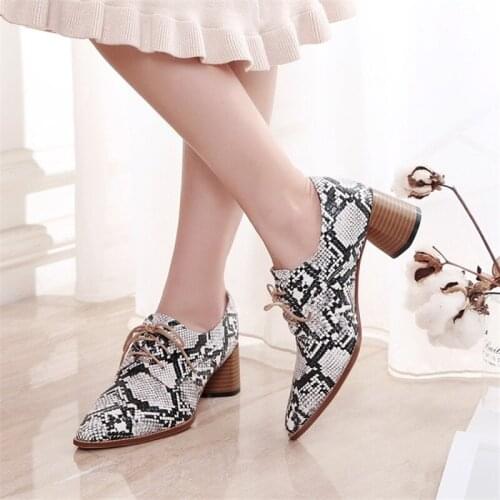 PXELENA Hot Chic Retro Snake Print Oxfords Women Chunky Block Thick High Heels Pumps Ladies Shoes Lace Up Pointed Toe Large Size