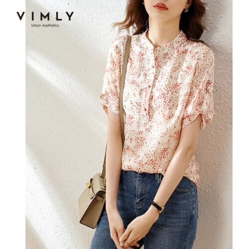 VIMLY Summer Women Floral Blouse 2021 Fashion Stand Collar Chiffon Shirt Elegant Office Lady Pullover Blusas Female Tops F7090