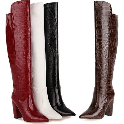 Plus Size 34-45 Patent PU Leather Women Over the Knee Boots Pointed Toe Ladies Square High Heel Boots Black Brown Wine Red White