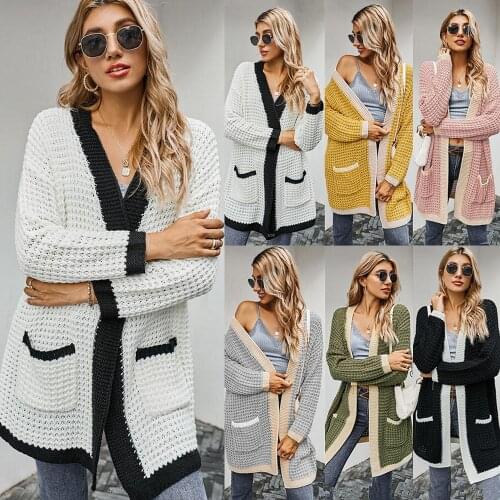 Women Open Stitching Cardigan Sweater With Pockets Long Sleeve Knitted Sweaters Coat Elegant Winter Warm Knitwear For Ladies D30