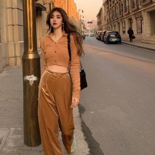 2021 Spring New Suit Womens Plush Short Cardigan Top + Retro Wide-Leg Pants Two-Piece Suit