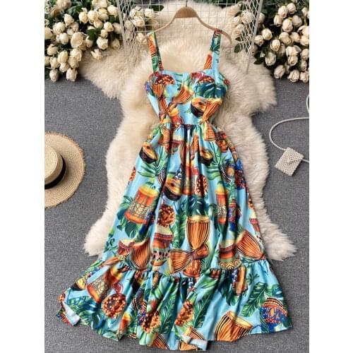 2021 Spring Retro Fashion Printed Sling Vestidos Womens Holiday Ruffled Square Collar Waist Slimming Beach Midi Dress C455