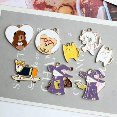 10pcs/lot Alloy Wizard Cat Skateboard Corgi Heart Bear Enamel Metal Charms Earring Bracelet DIY Jewelry Making