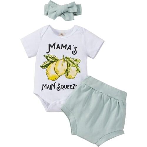 2021-04-22 Lioraitiin 0-24M Infant Kids Girl 3Pcs Suit Set Letter Lemon Print Short Sleeve Romper Solid Short Pants+ Headband