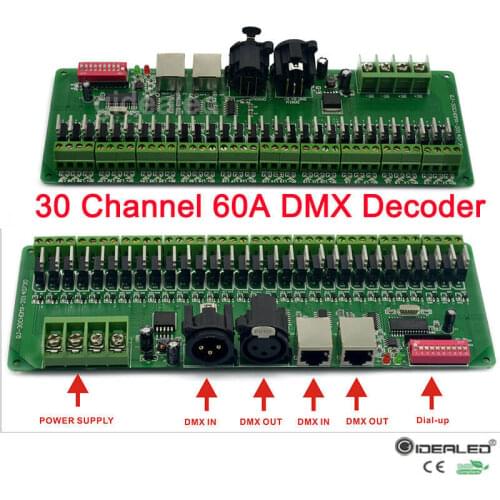 30 channel DMX Decoder with RJ45 and XLR Plug 27 channel DMX512 Decoder For DC12V-24V RGB Strip Controller 60A dmx dimmer driver