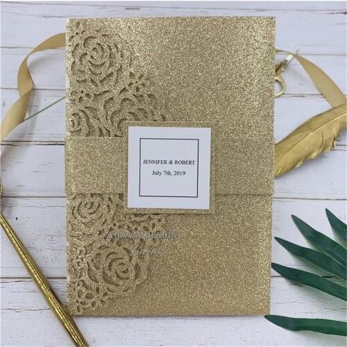 Glitter Rose Gold Trifold Laser Wedding Invites With RSVP Card, Belly Band And Tag With Monogram