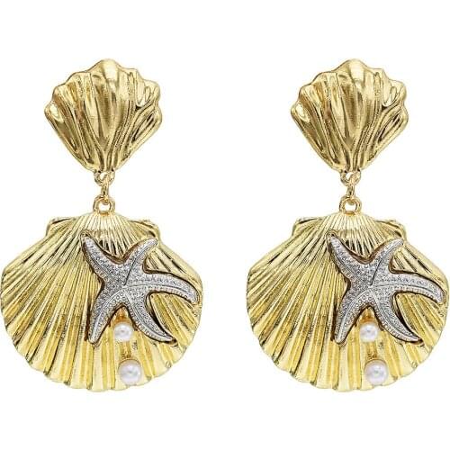 Bohemian Vintage Enth metal Beach Shell Starfish Conch Pearl Drop Dangle Earrings for Women Beach Piercing Earring Jewelry Gift