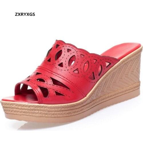 Promotion Fish Mouth Hollow Genuine Leather Sandals Outdoor Slipper Women Sandal Shoes 2020 New Summer Wedges High Heel Sandals