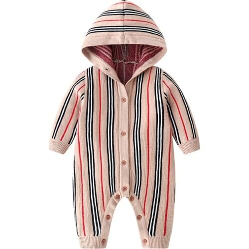Fall fashion Baby clothes long sleeve hooded striped sweater thickened soft warm cardigan newborn Boy girl romper