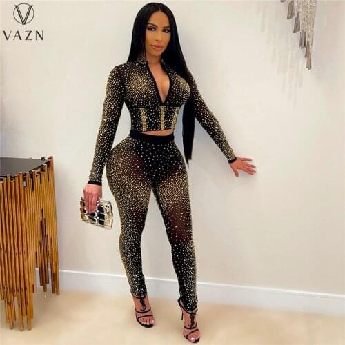 VAZN 2021 Autumn High-end Sweet Young Heavy Industry Sexy Club Full Sleeve Cloth High Waist Long Pants Women 2 Piece Set