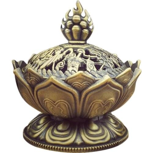 Lotus Flower Incense Burner Alloy Zinc-Copper Dish Chinese Buddha Incense Holder Burner Brass Mini Sandalwood Censer Incense
