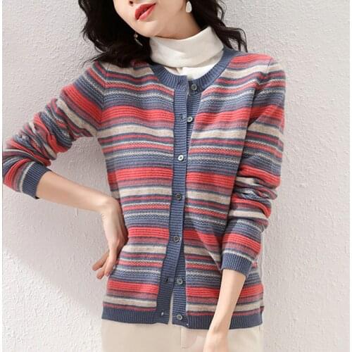 LHZSYY2020 Autumn New Round Neck Cashmere Cardigan Womens Color Matching Pure Wool Knit Large Size Jacket Short Striped Sweater