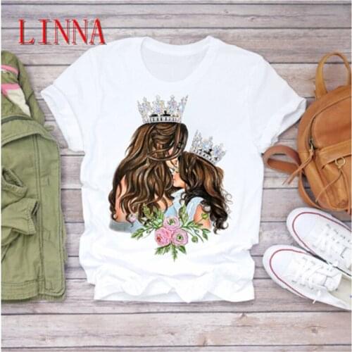 LINNA 2020 summer new lady cartoon t-shirt mom and mom with crown print cute lady t-shirt female graphic t-shirt
