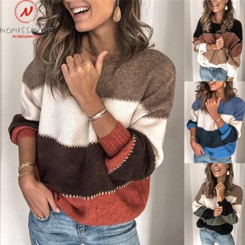 Fashion Women Autumn Winter Sweaters Color Matching Patchwork Design O-Neck Long Sleeve Casual Loose Pullovers Knitted Top