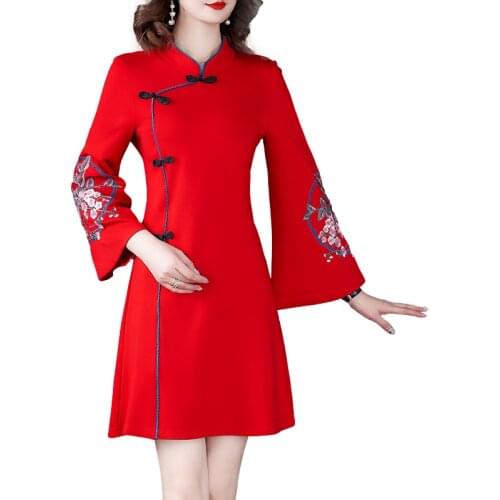 2021 Spring New Improved Cheongsam Female Ancient Hanfu Retro Chinese Style Dress Floral Flare Sleeve Buckle Party Women Dresses