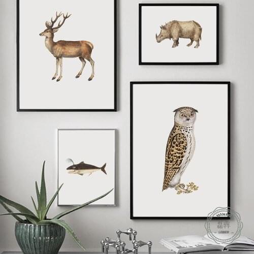 Deer Donkey Owl Whale Ostrich Rhinoceros Wall Art Canvas Painting Nordic Posters and Prints Wall Pictures for Living Room Decor