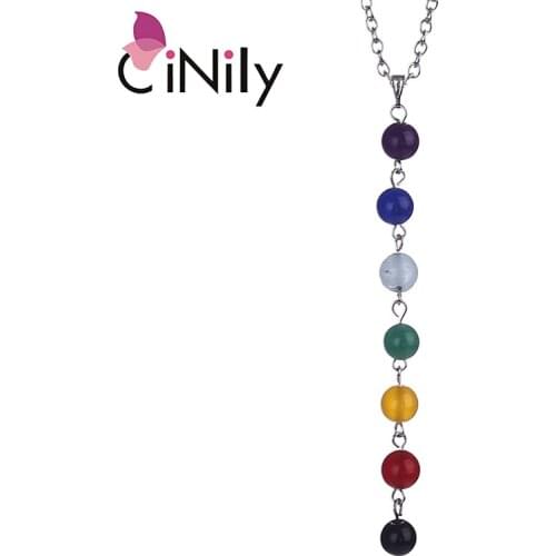CiNily 7 Chakra Necklaces & Pendants White Gold Color Healing Balancing Reiki Rainbow Stone Beads YOGA Chain Power Woman Jewelry