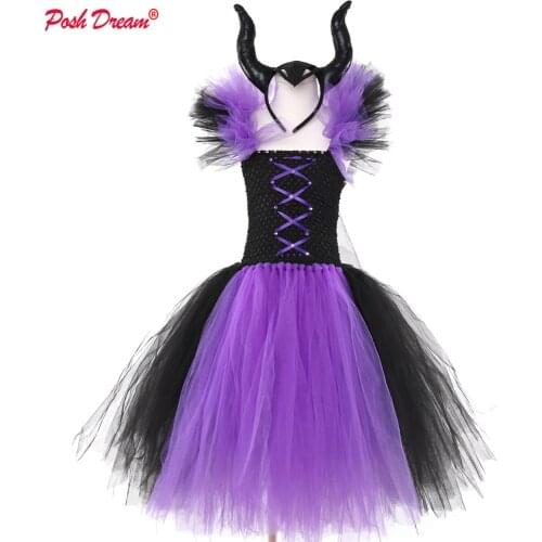 POSH DREAM Maleficent Queen Girls Tutu Dress Kids Halloween Dress Cosplay Witch Costumes Fancy Girl Party Dress Children Clothes