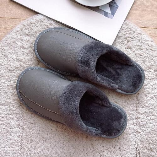 Plus size 45 46 unisex high quality genuine leather furry slippers mens winter home casual shoes male female slippers